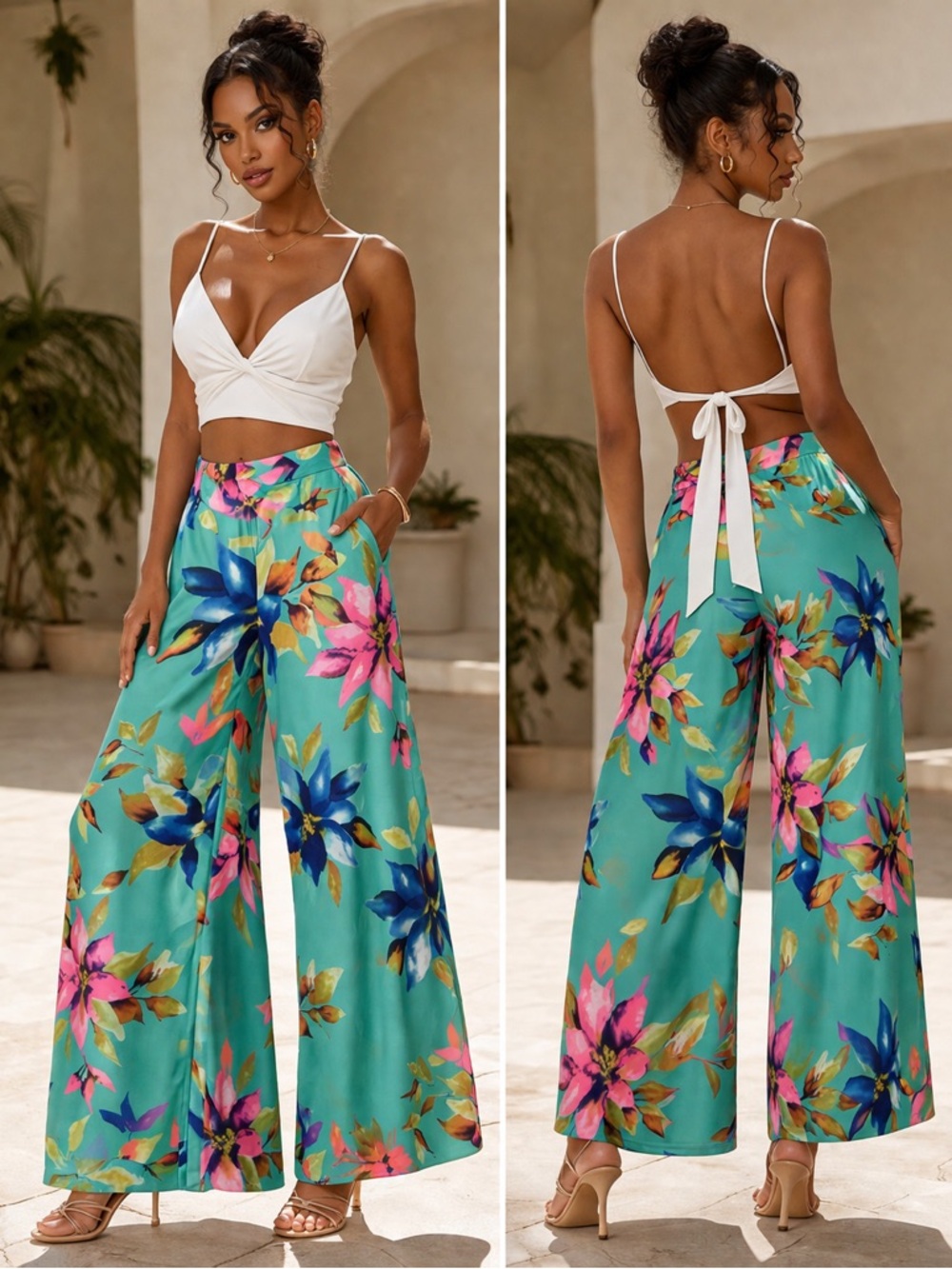 Teal Wide-Leg Floral Pants with Pink & Blue Blooms